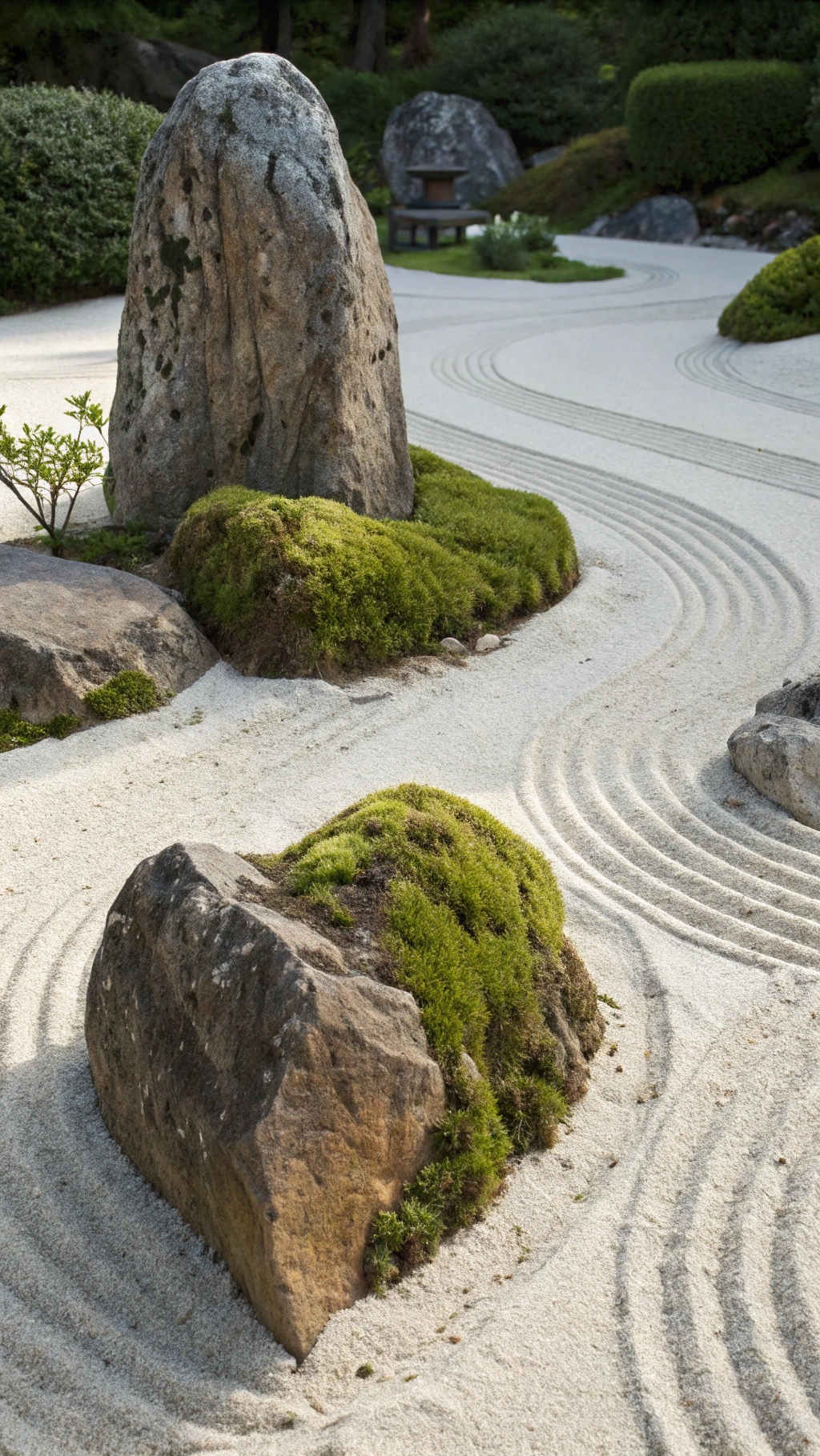 Contrasting rocks, one tall and upright, one low and spreading, sit on a bed of fine, white sand raked into a swirling pattern