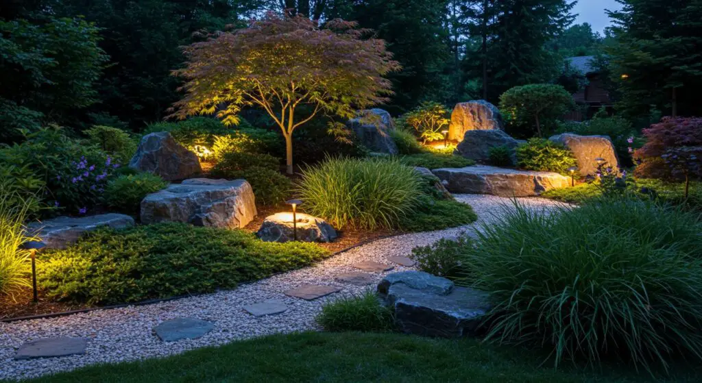 Large-scale rock garden at dusk. Landscape lighting subtly highlights boulders and specimen plants weeping Japanese maple and clumps of feather reed grass