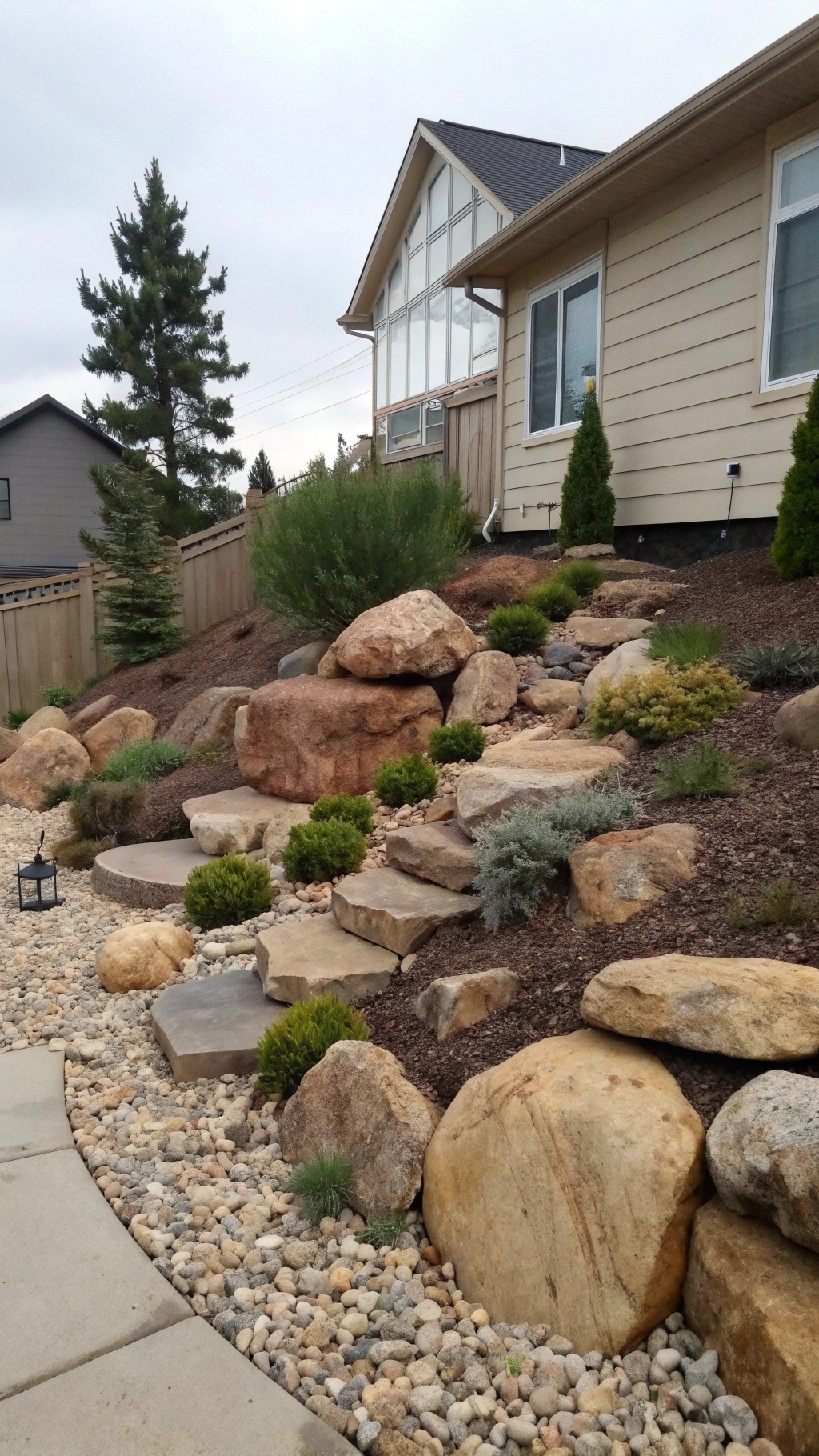 Several medium-sized, earth-toned boulders are arranged on a gentle slope. Smaller river stones and gravel fill the gaps