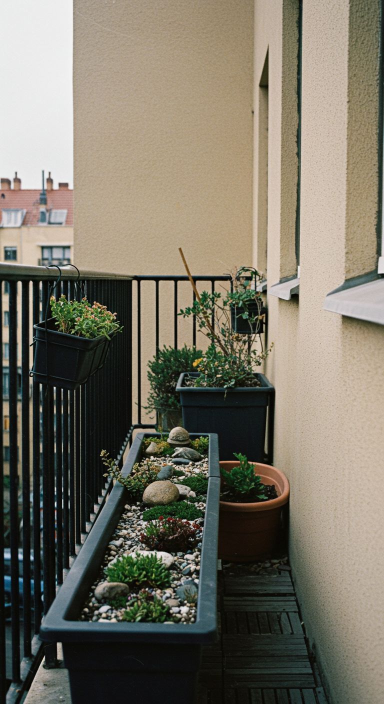narrow balcony space with a rectangular container rock garden
