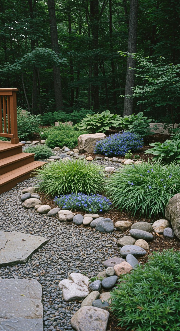 River stones are used to create rock garden edging. They are paired with Japanese forest grass (Hakonechloa macra) and blue hostas