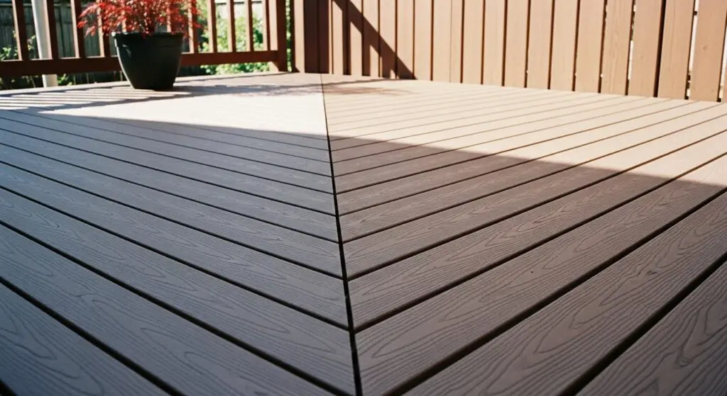 Newly installed composite deck boards laid in a striking 45-degree diagonal