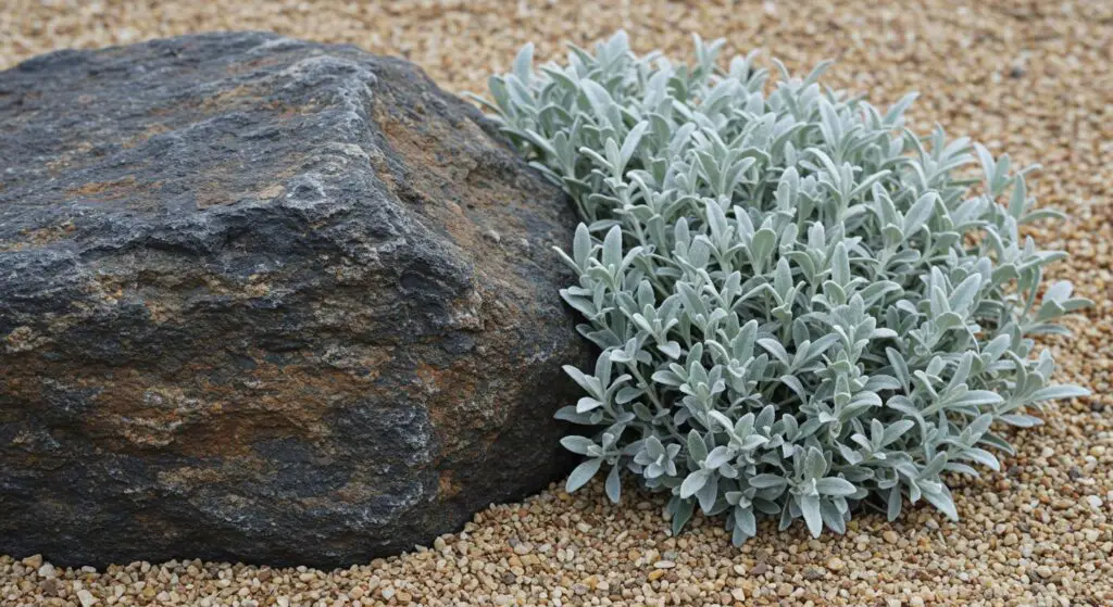 Dark granite boulder with a coarse surface sits next to a patch of soft, silvery lamb's ear (Stachys byzantina)
