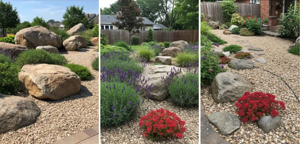 The first panel landscape with massive boulders used in a large garden. The second shows a medium-sized backyard with appropriately sized rocks and companion plants lavender and ornamental grasses. The third panel small rock garden with small, carefully chosen pebbles and sedum 'Dragon's Blood'.