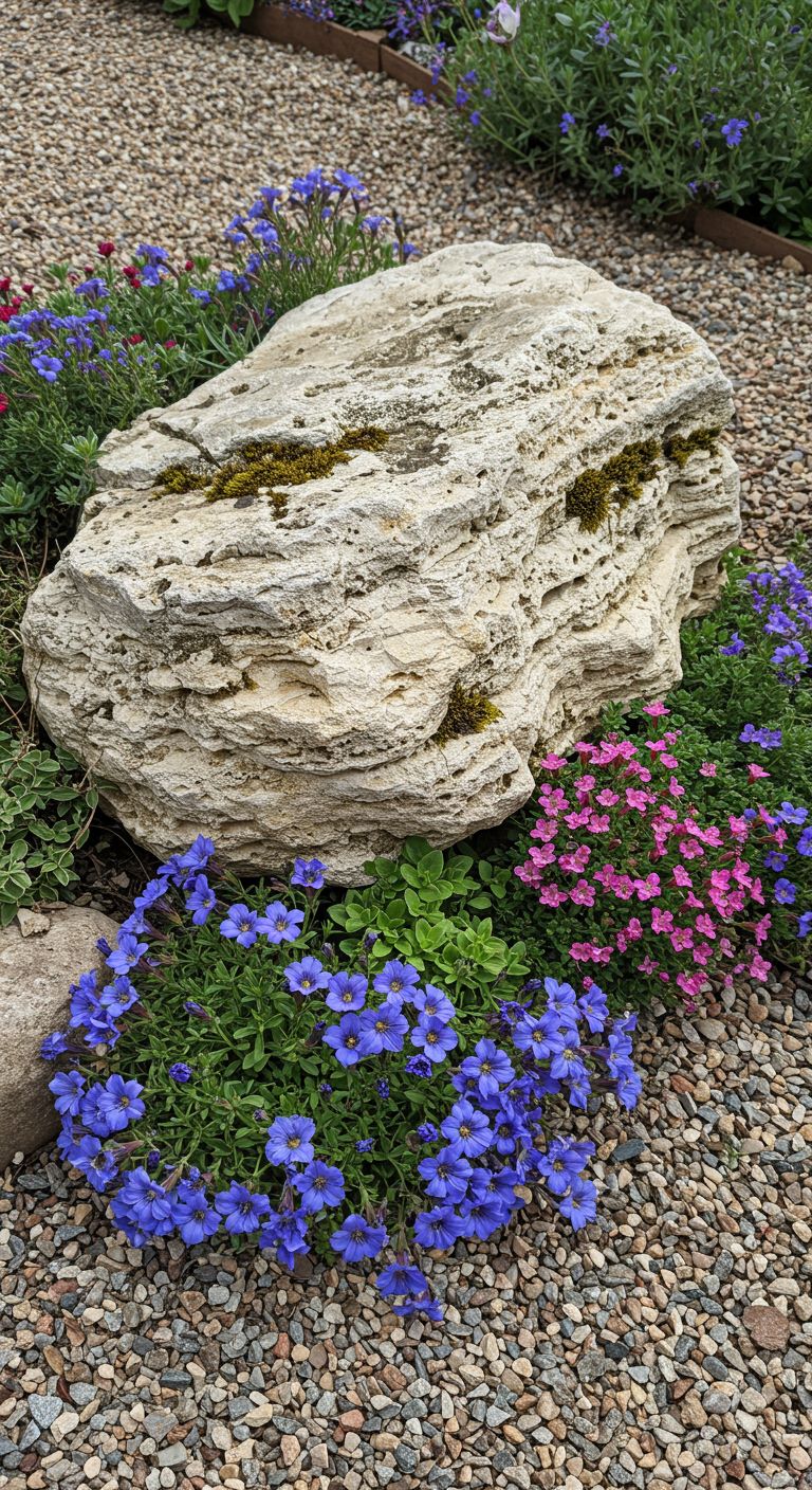 A weathered limestone rock, pocked with moss, around its base, gentians and saxifrages bloom