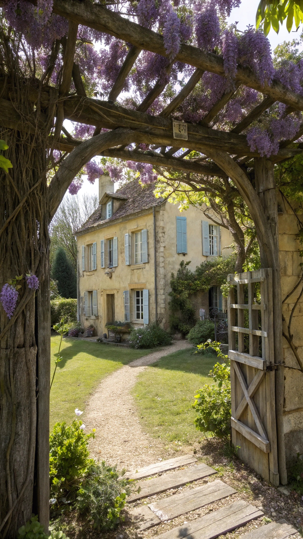 A weathered wooden archway covered in purple wisteria blooms