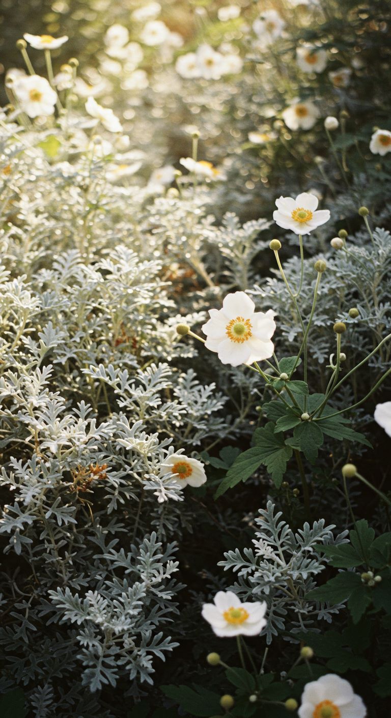 Autumn with white Japanese anemones and silvery Artemisia