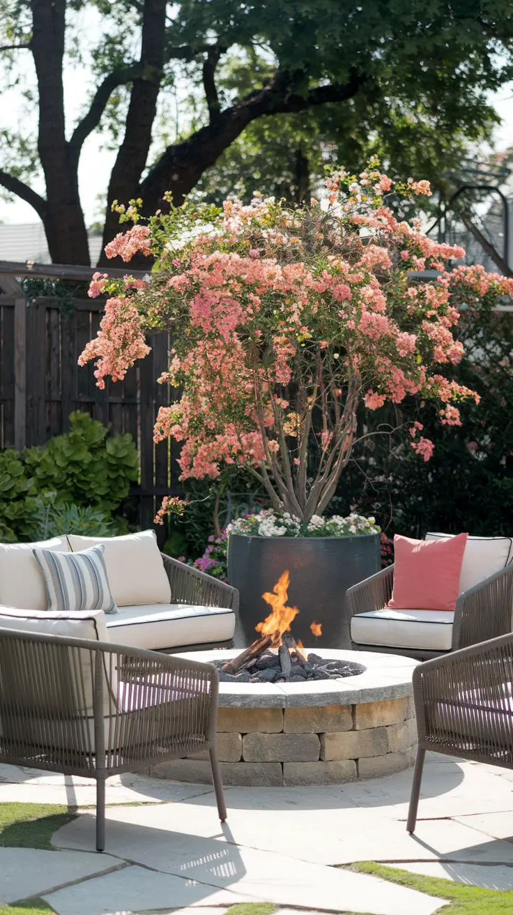 backyard seating nook with a comfortable outdoor sofa and chairs arranged around a stone fire pit and 'Torch Glow' bougainville