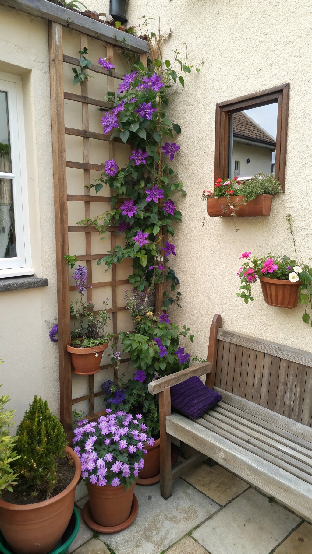 Small French garden themed corner with a narrow wooden trellis against one wall supports a climbing 'Jackmanii' clematis with purple flowers