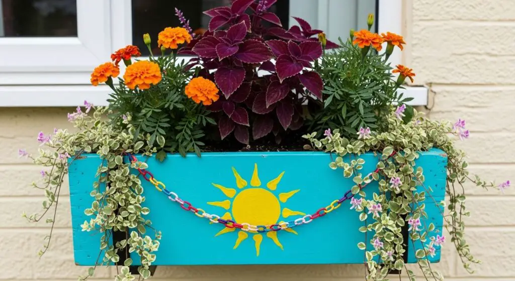 A brightly painted window box in turquoise with hand-painted yellow sunburst. Orange Marigolds, deep purple Coleus, and trailing variegated Plectranthus