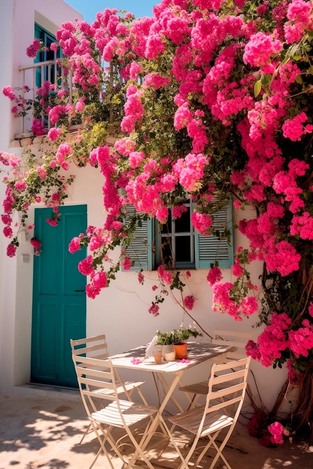 vibrant pink bougainvillea is artfully used as an entryway feature,
