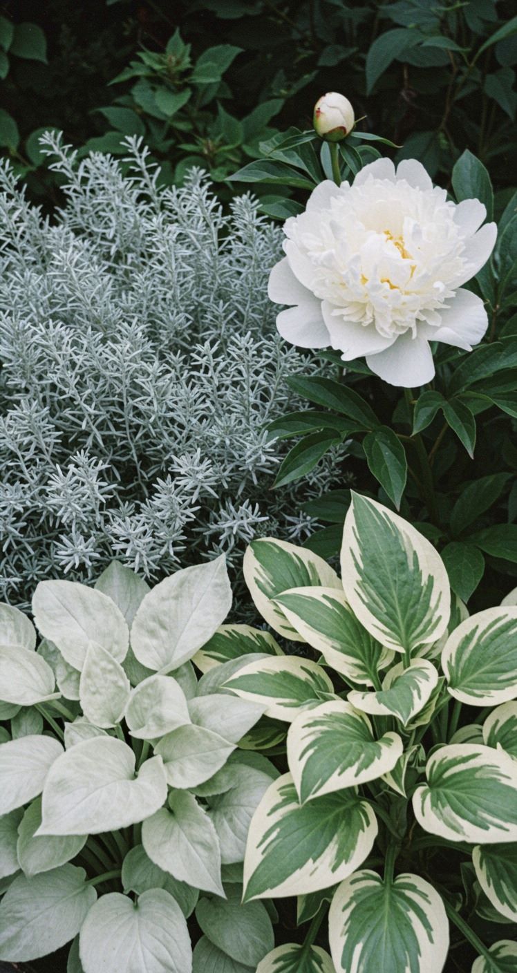 Peony (Paeonia), Santolina / Cotton Lavender, Variegated Hosta and Silver Hosta