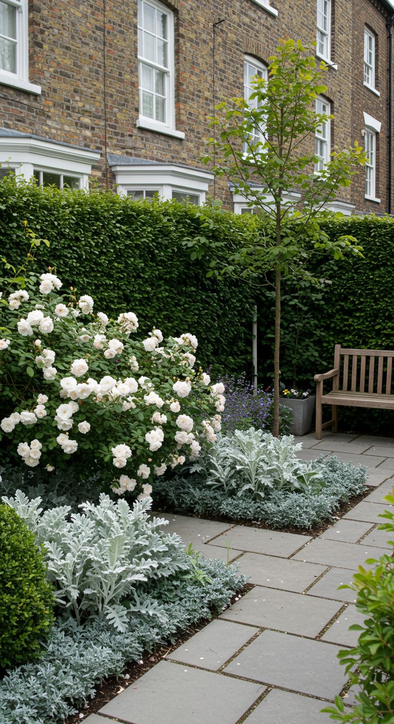 White 'Iceberg' roses bloom against a deep green yew hedge.Dusty Miller and silvery Lamb's Ear (Stachys byzantina)