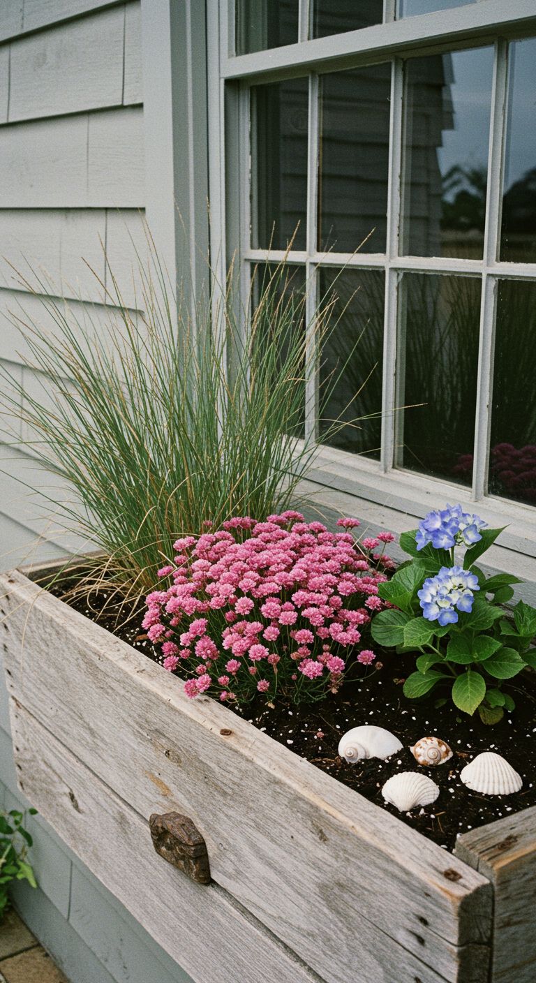 Ornamental grasses, mounds of pink Sea Thrift, and a small blue Hydrangea