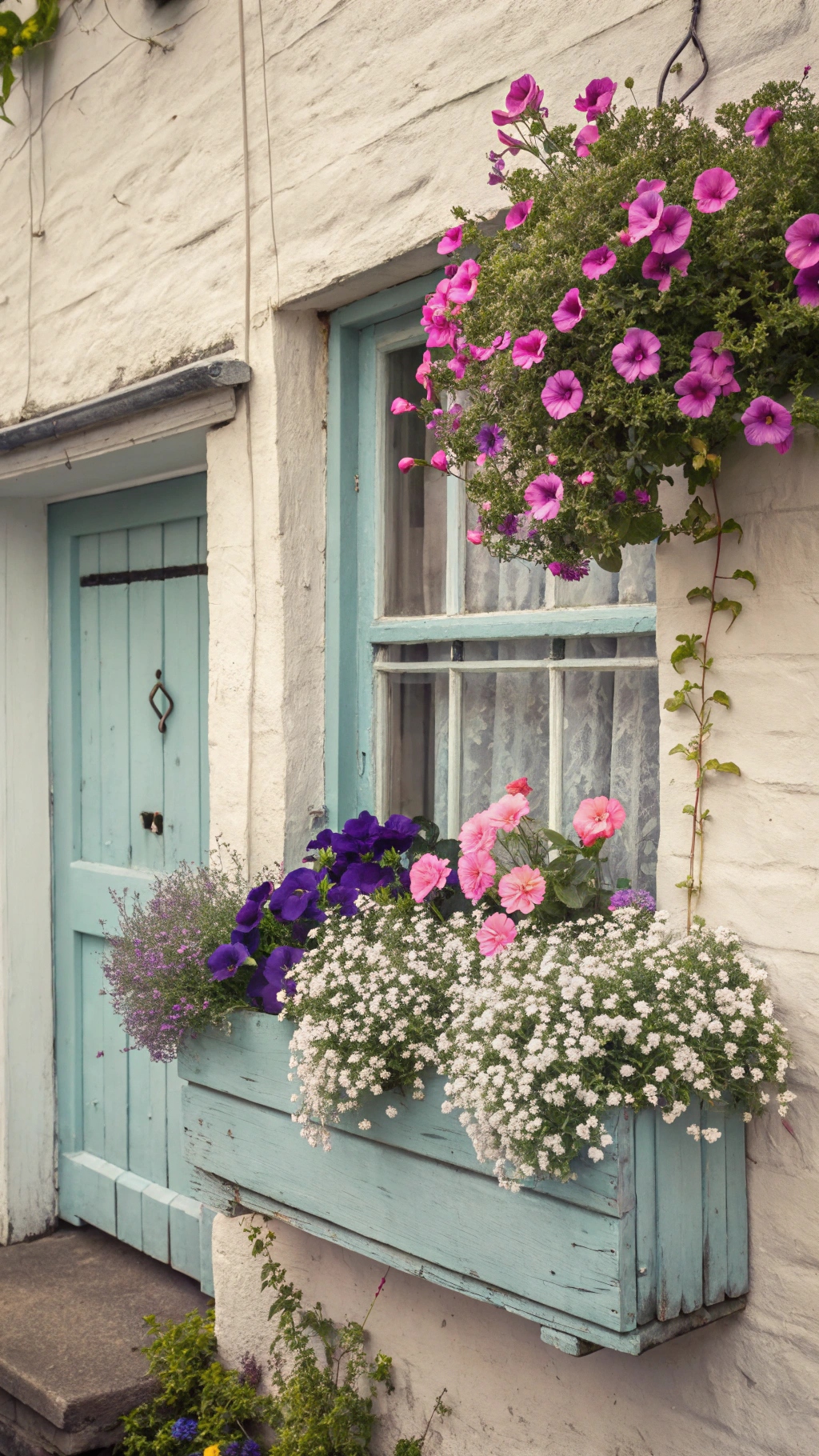 Pink and purple Pansies, white Sweet Alyssum