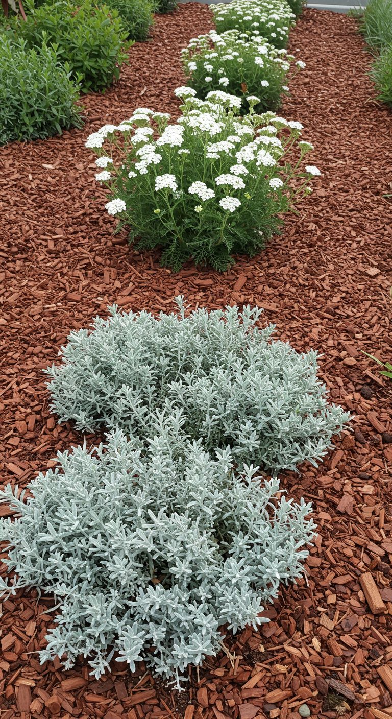 White Yarrow (Achillea millefolium or similar cultivar) and Silvery Santolina (Santolina chamaecyparissus)