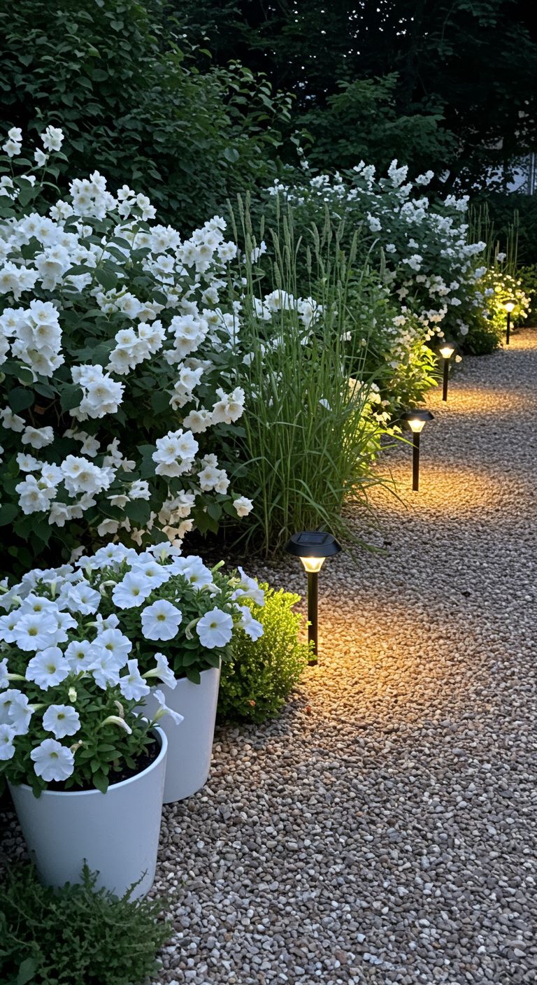 White Petunias in containers and taller Nicotiana flowers