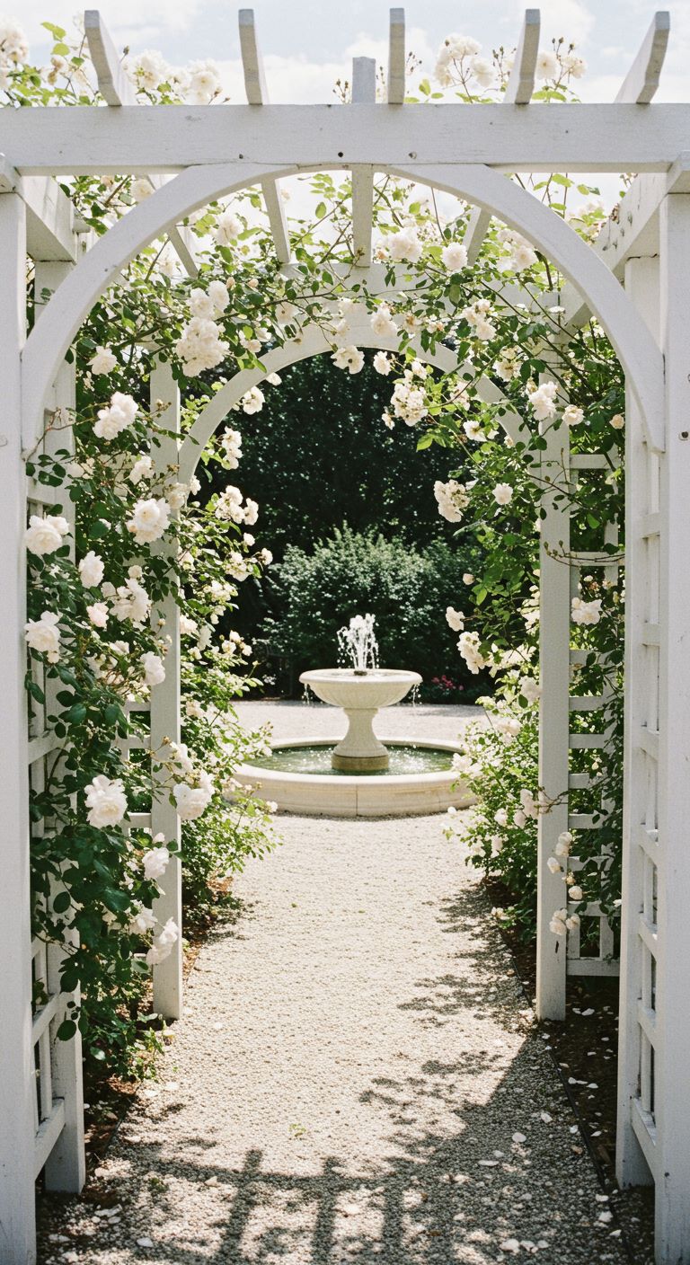 A white-painted wooden arbor covered in blooming white climbing roses