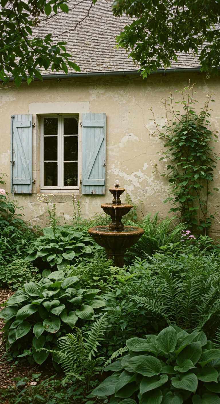Tiered stone fountain nestled amongst lush hostas and ferns