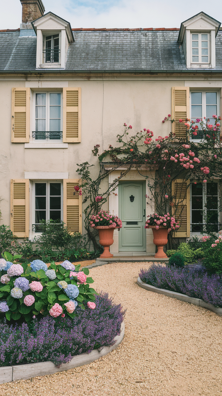 French cottage garden front yard with blue and pink hydrangeas, pink shrub roses, and purple catmint