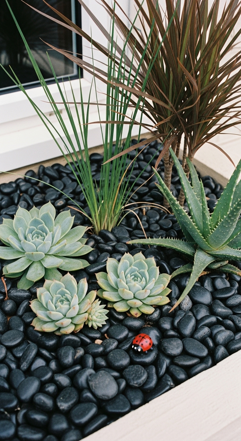 window box where a layer of small, polished black river stones covers the soil around succulents