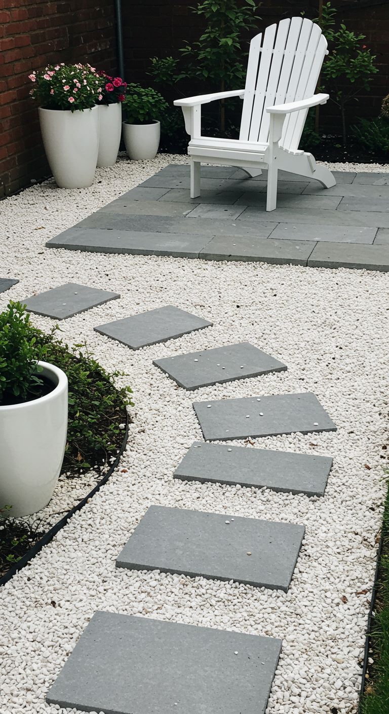 hardscape integration with a winding pathway made of bright white gravel