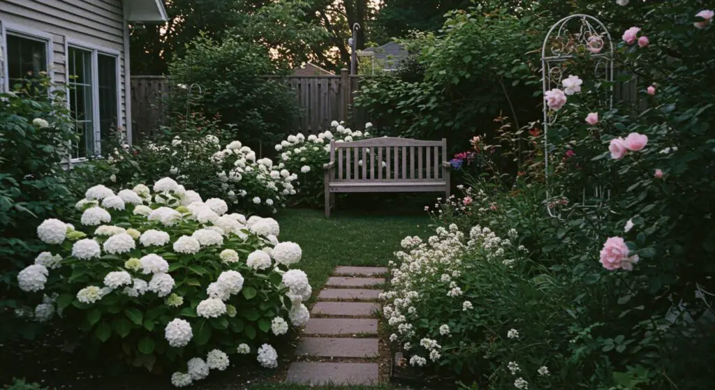 A backyard with a bench with variety of white flowers Hydrangeas, Roses, Alyssum
