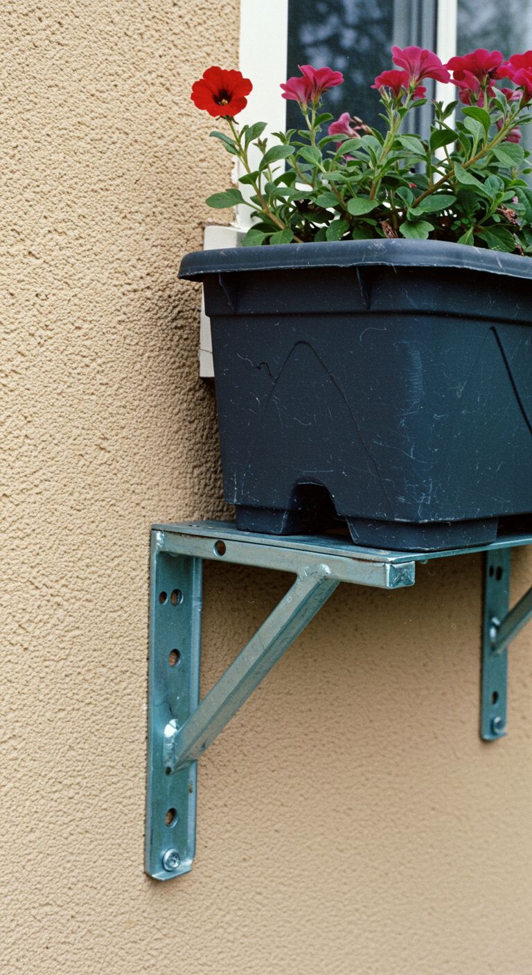 Mmetal L-brackets securely screwed into a wall beneath a windowsill, with a window box resting firmly on top