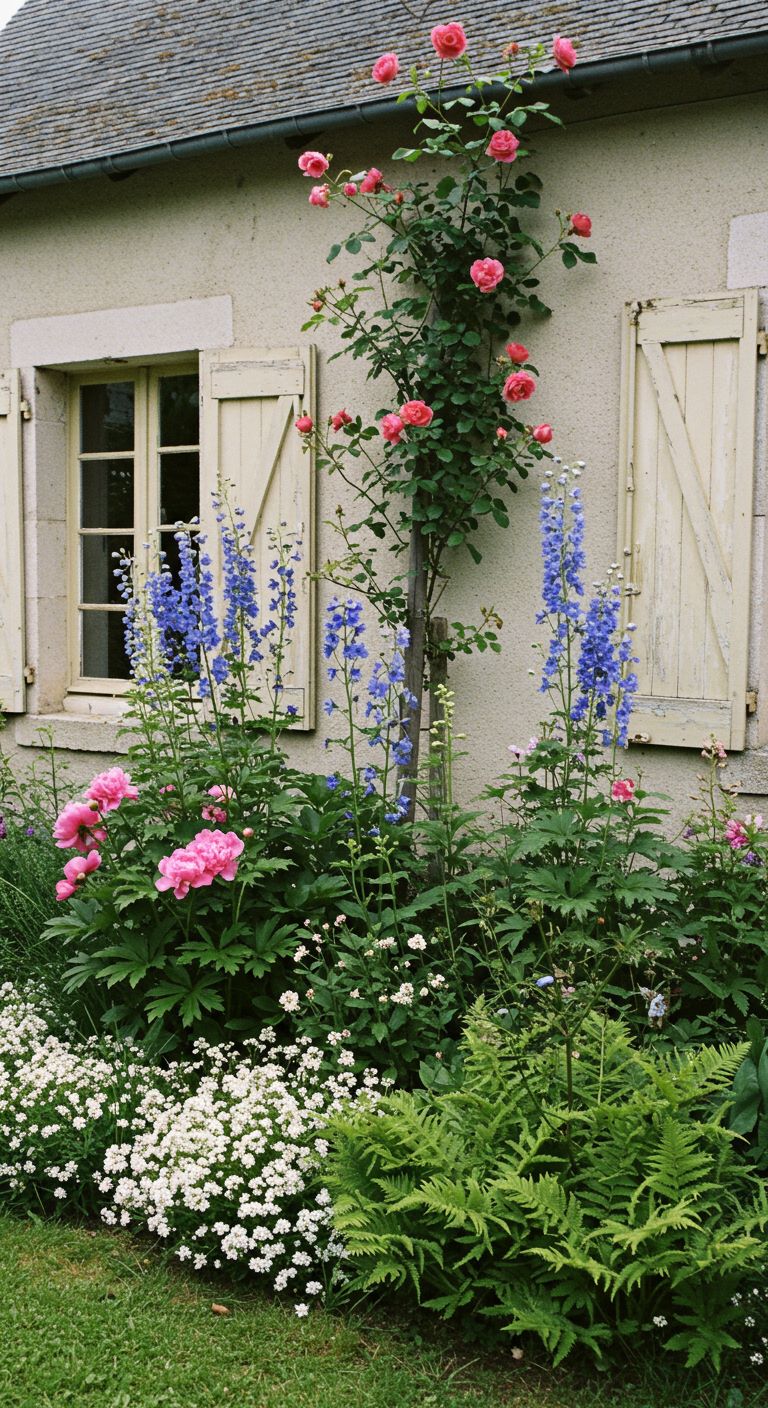Tall blue delphiniums stand behind medium-height pink peonies. Low-growing white alyssum the front edge of the border. A climbing rose on a wooden post