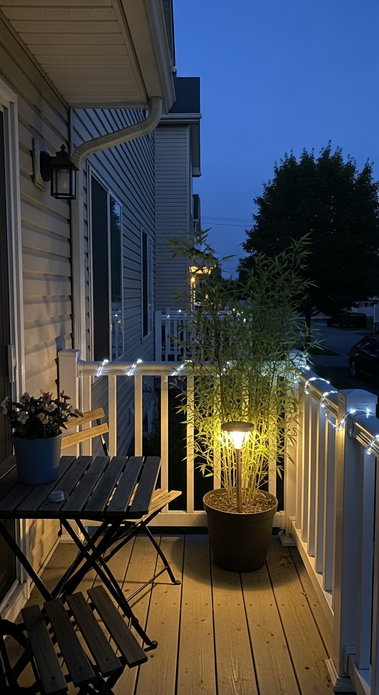 LED string lights are draped along the railing and bamboo (Fargesia rufa) in a corner