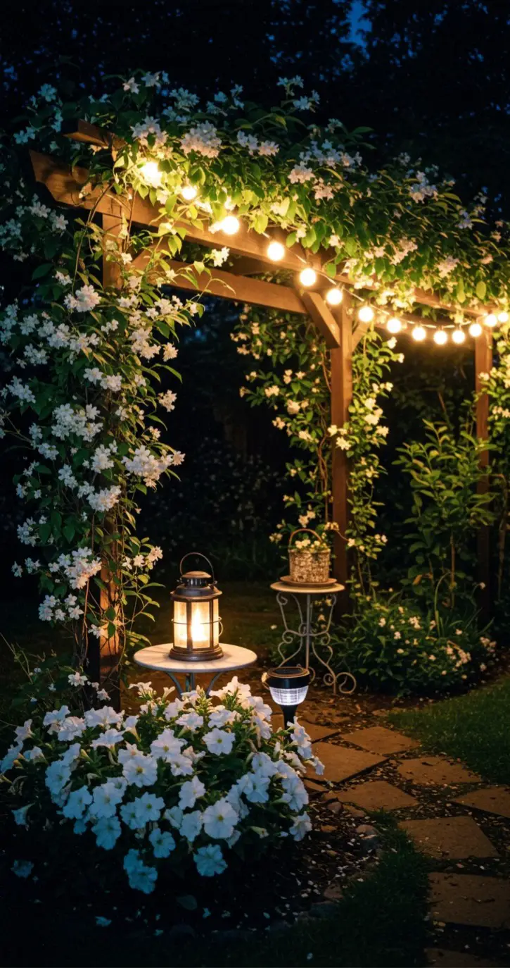 string lights are draped across a pergola covered in Jasmine with nearby white Petunias.