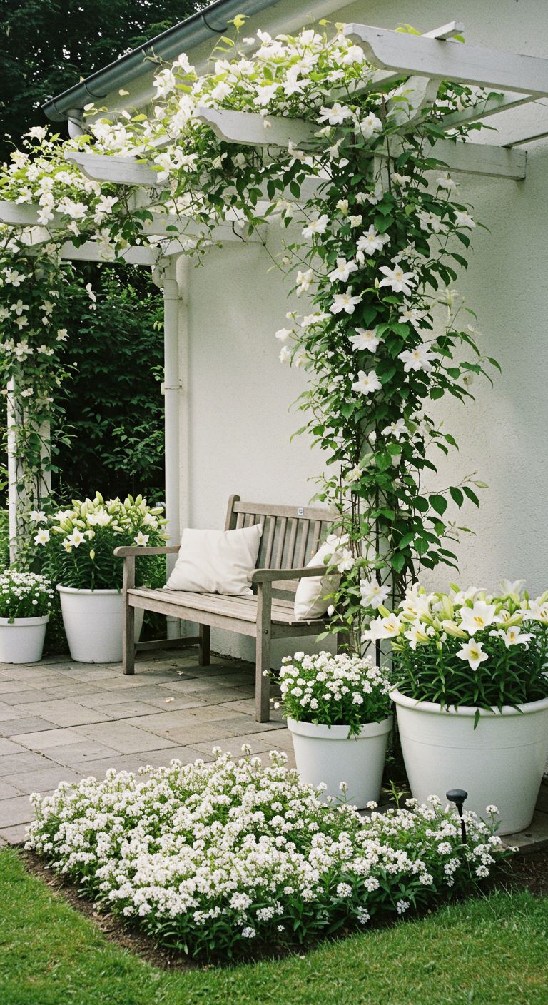 outdoor seating area integrated into a white garden design