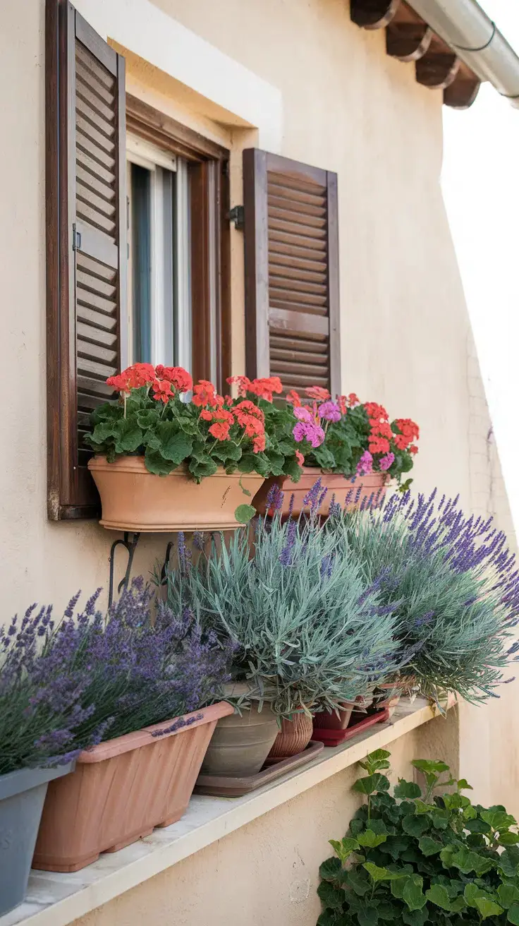 Terracotta window boxes and pots on a ledge. They are filled with fragrant purple Lavender, silvery Santolina, and vibrant red Geraniums