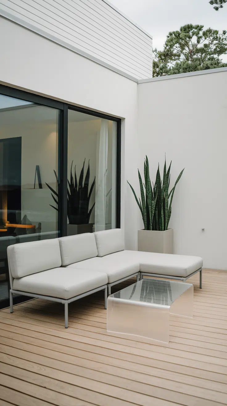 Minimalist deck with a light grey, slim-profile L-shaped sofa with thin metal legs. and transparent acrylic coffee table