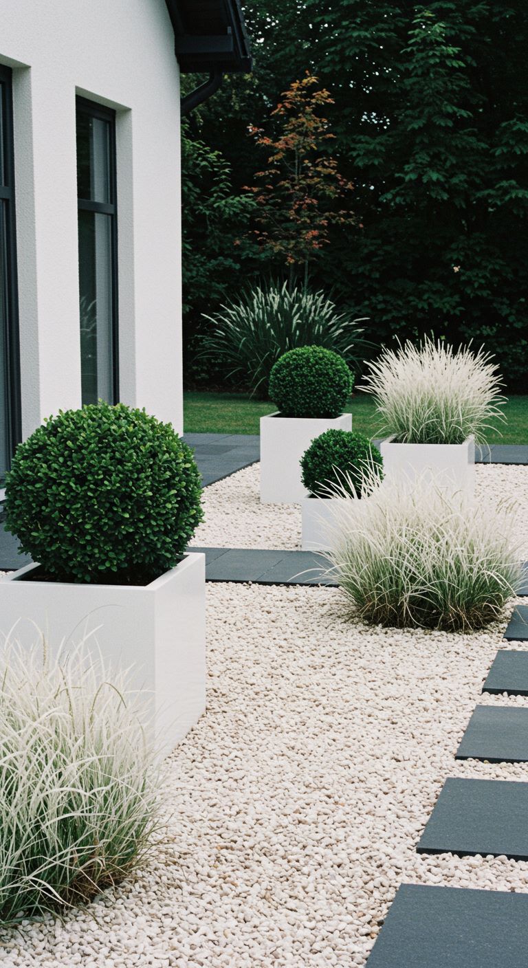 modern white garden design. Sleek rectangular planters hold clipped boxwood spheres and white ornamental grasses