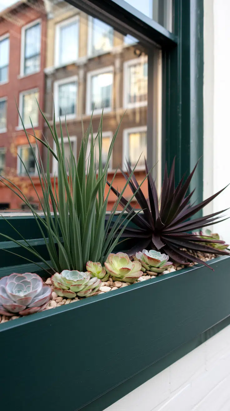 Echeveria succulents, upright green architectural grass, and Cordyline