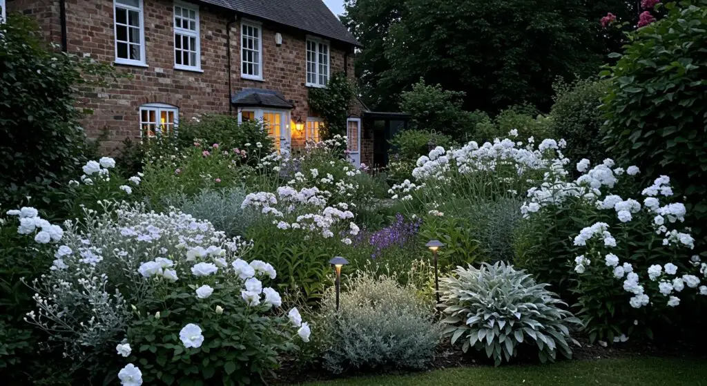 A White garden featuring White Roses , Garden Phlox , Lamb's Ears, Dusty Miller, Salvia / Meadow Sage (Salvia nemorosa or similar) and Santolina / Cotton Lavender