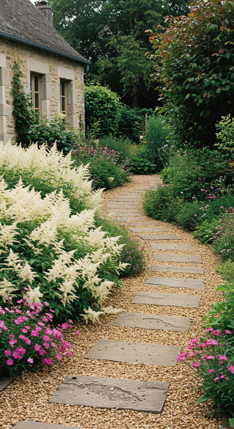 gravel path around a large clump of feathery white astilbe and Pink dianthus