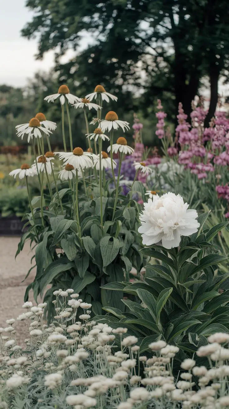 corn flowers, white peony and a carpet of Lamb’s Ear