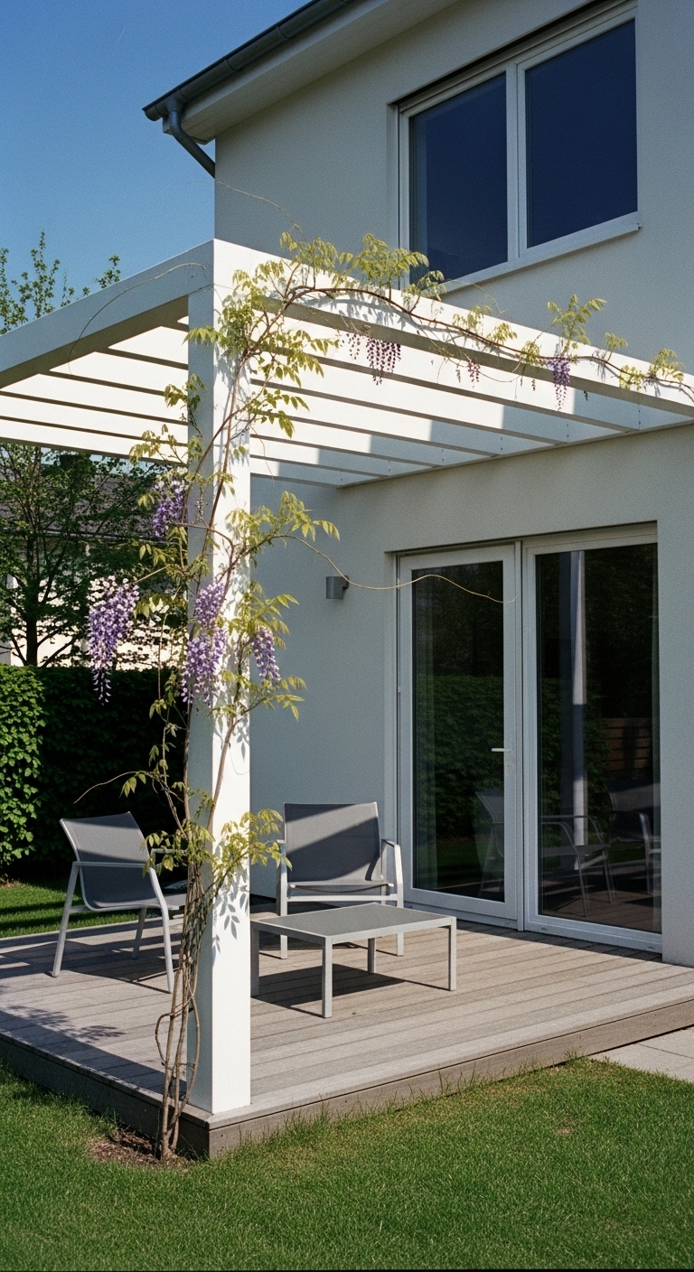 Minimalist white open-beam pergola