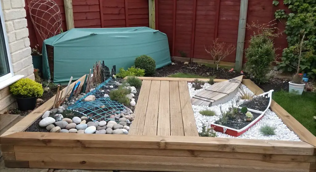 raised bed featuring a rock garden with boats and crab nets