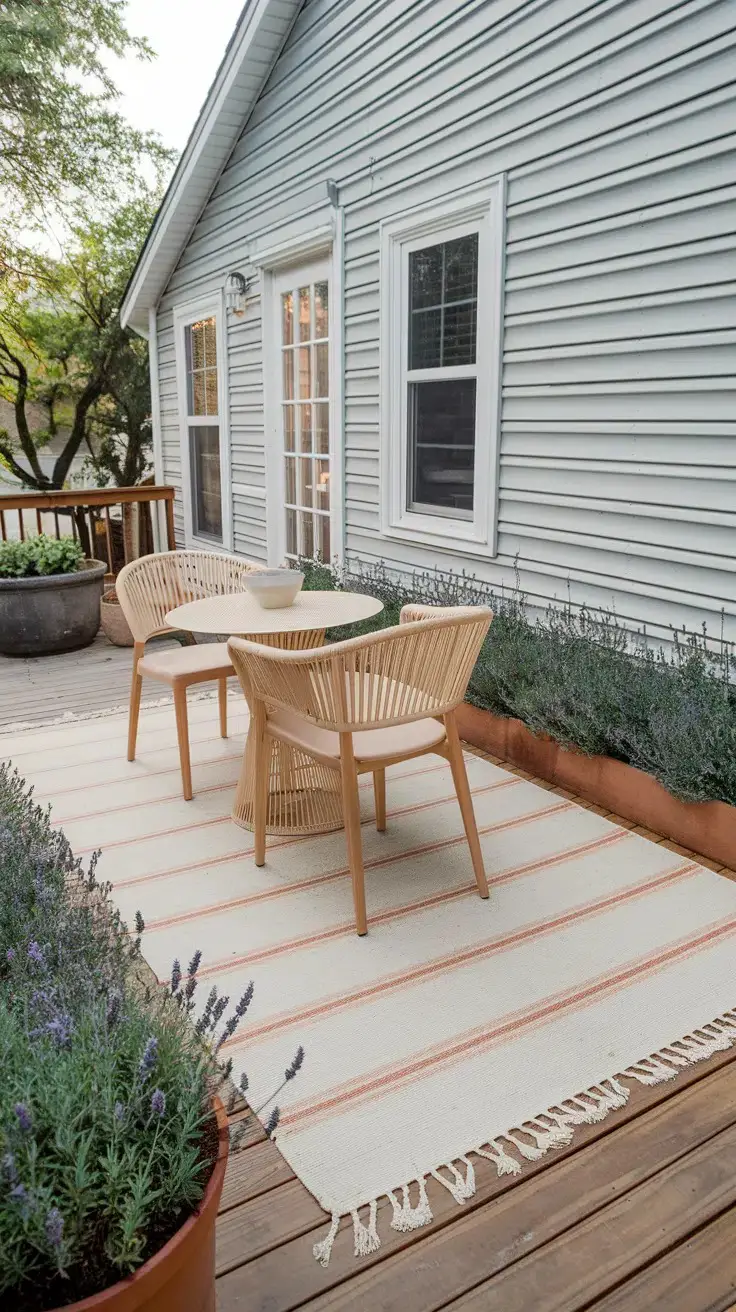 A deck with a light-colored outdoor rug under a bistro set