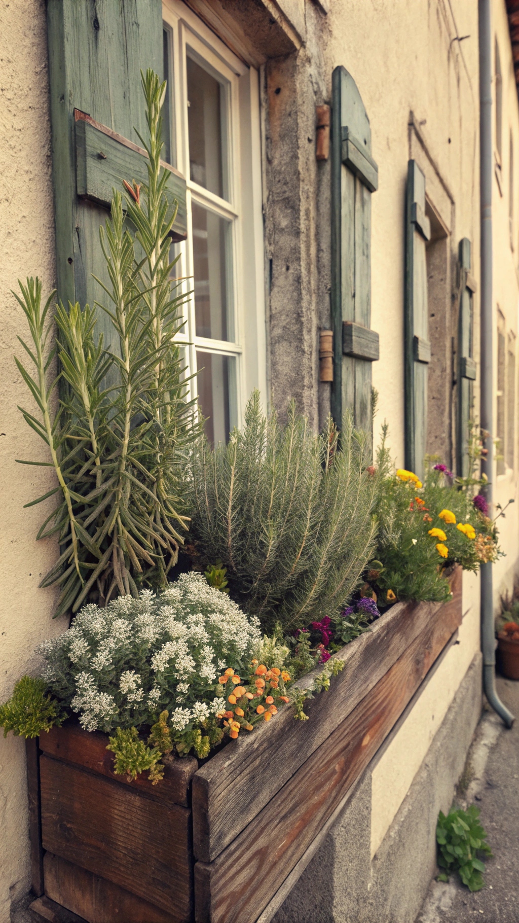 Tall rosemary sprigs while silvery Thyme and colorful, small-flowered wildflowers