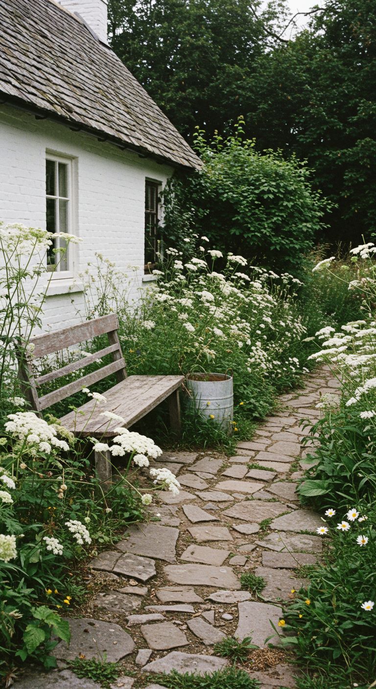 Rustic white garden with native white wildflowers like Queen Anne's Lace and white aster