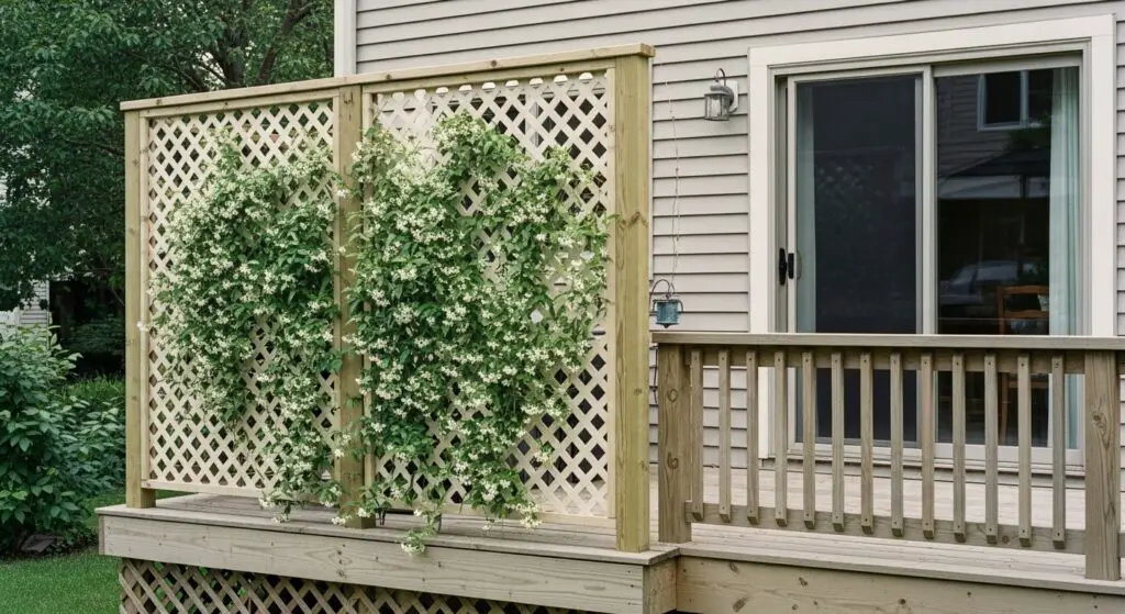 Privacy screen on deck with Fragrant Star Jasmine (Trachelospermum jasminoides)