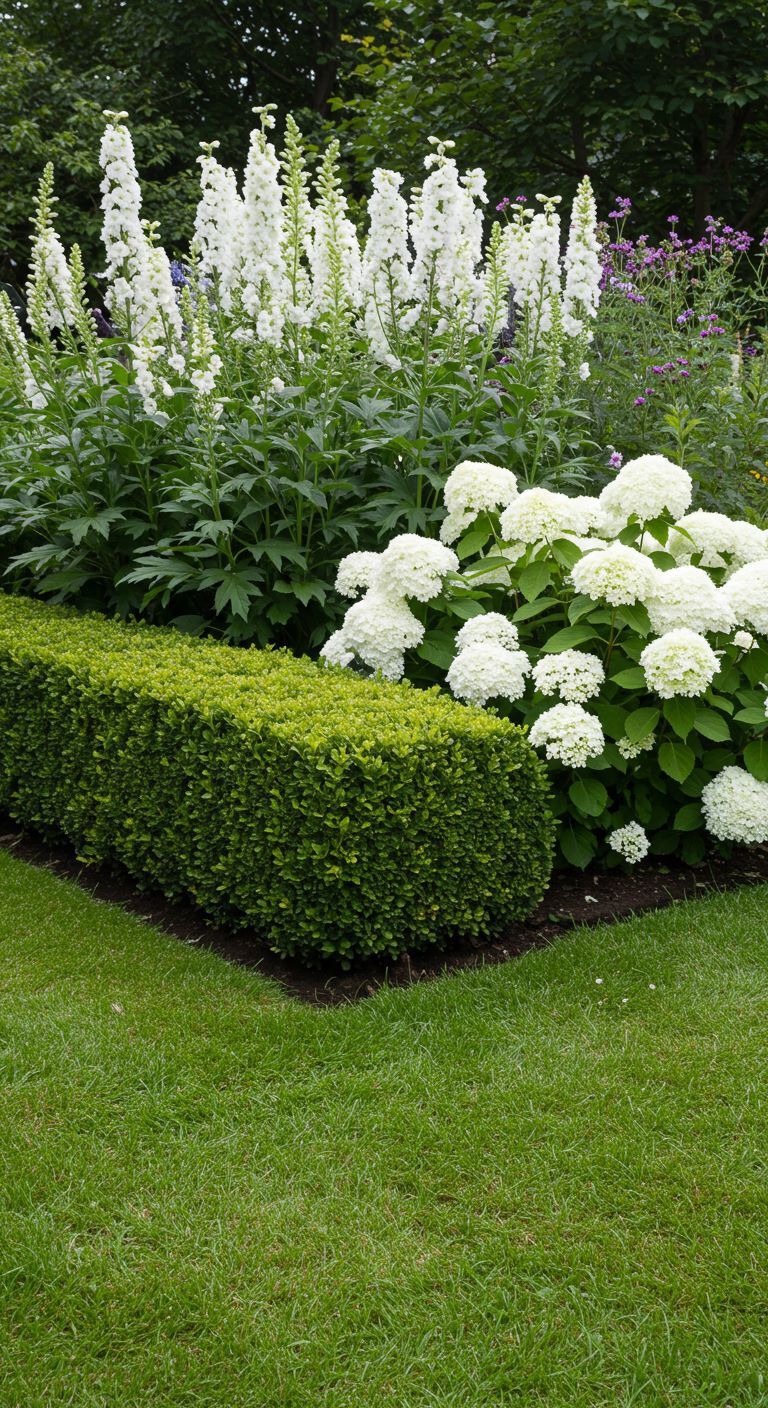 clipped boxwood hedge, behind it, tall, upright white Delphiniums and white Hydrangea Annabelle