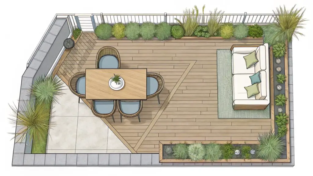 sketch of a small rectangular deck divided into three zones