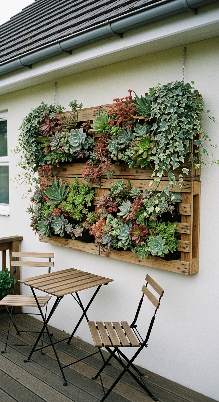 Vertical garden over a small deck. Echeveria and Sedum, alongside trailing ivy (Hedera helix)