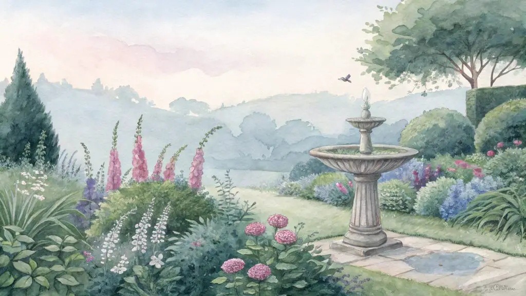 watercolor of a French cottage garden landscape.