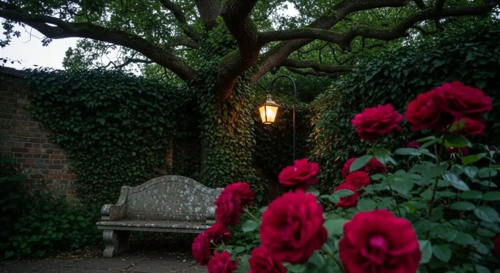 Weathered stone bench with dark green ivy climbs a crumbling brick wall and a cluster of deep burgundy 'Black Baccara' roses